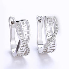 Load image into Gallery viewer, 14K White Gold Plated Swarovski Elements Pav'e Greek Key Design Pav'e Curved Hinge Earrings