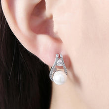 Load image into Gallery viewer, 14K White Gold Plating Swarovski Elements Pav'e Freshwater Pearl Pear Cut Clip On Earrings