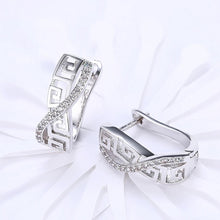 Load image into Gallery viewer, 14K White Gold Plated Swarovski Elements Pav'e Greek Key Design Pav'e Curved Hinge Earrings
