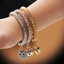 Load image into Gallery viewer, 3-Piece: 18K Tri-Tone Owl Charm Stretch Popcorn Bracelet Set
