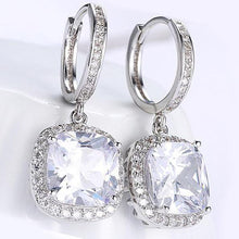 Load image into Gallery viewer, White Swarovski Asscher Cut Dangling Lever back Earrings in 14K White Gold
