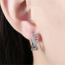 Load image into Gallery viewer, 14K White Gold Plated Swarovski Elements Pav'e Greek Key Design Pav'e Curved Hinge Earrings
