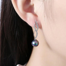 Load image into Gallery viewer, Micro Pav'e Simulated Dimaond Curved Inception Akoya Pearl Dangling Earrings Set in 18K White Gold
