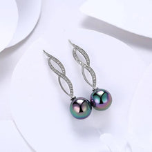 Load image into Gallery viewer, Micro Pav'e Simulated Dimaond Curved Inception Akoya Pearl Dangling Earrings Set in 18K White Gold
